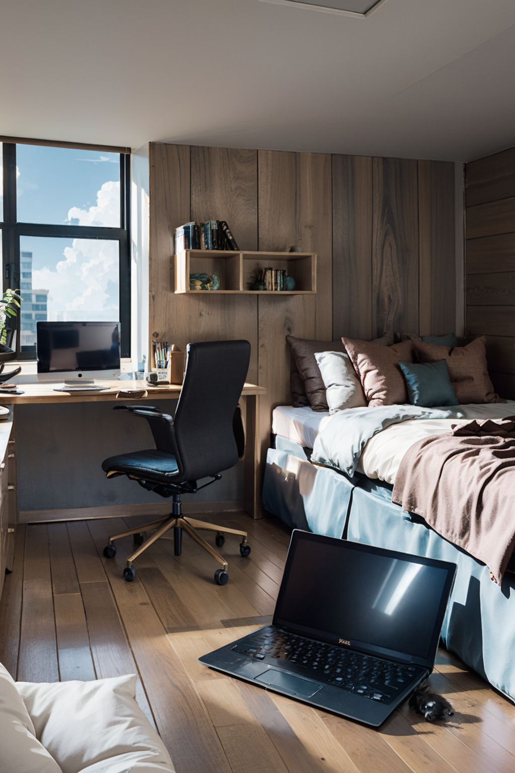 00128-90527410-bed, chair, indoors, pillow, window, sky, day, cloud, no_humans, animal, cat, sleeping, plant, scenery, couch, wooden_floor, com.png